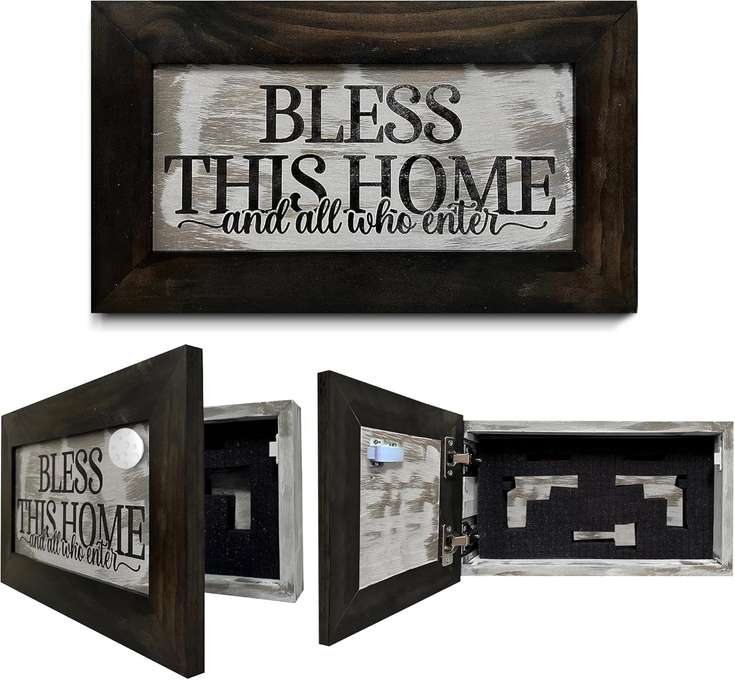 Bless This Home and All Who Enter Hidden Gun Storage Wall Decor - Hand-Painted Gun Concealment Decor - Gun Shelf Hidden Storage with Magnetic Lock for Quick Access - Made In USA