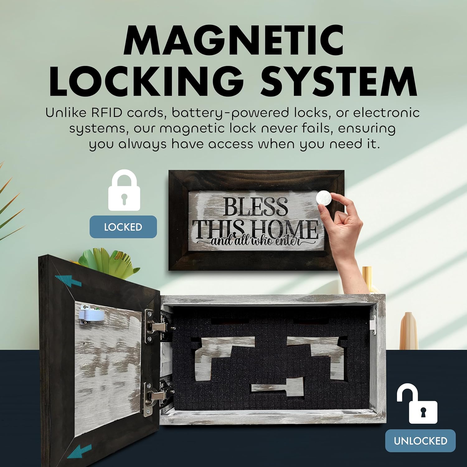 Bless This Home and All Who Enter Hidden Gun Storage Wall Decor - Hand-Painted Gun Concealment Decor - Gun Shelf Hidden Storage with Magnetic Lock for Quick Access - Made In USA